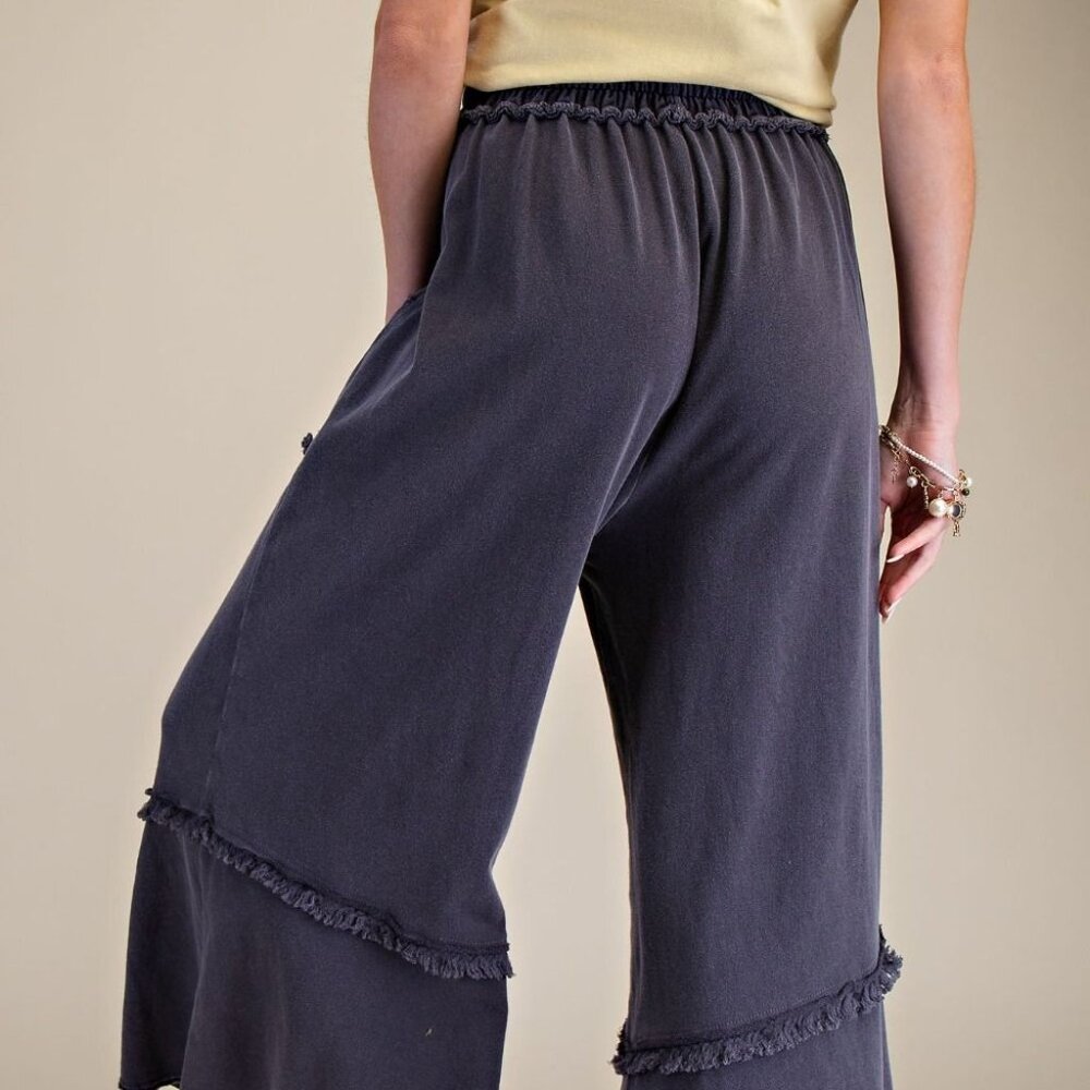 E17 Easel Wide Leg Mineral Washed Black Terry Pants Patch Pockets Frayed Hem - Picture 6 of 6